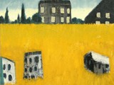 Yellow Field with De Chirico Spirit (Lost Homes), 2024, Acryl auf Leinwand, 160 x 140 cm